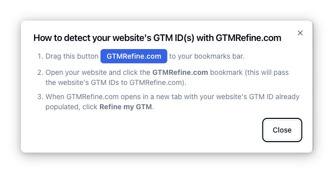 GTM Refine bookmarklet detecting GTM container IDs on a website