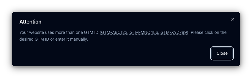 GTM Refine showing multiple GTM container IDs detected by the bookmarklet