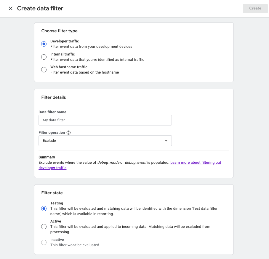 GA4 Create data filter dialog showing Developer traffic excludes events where debug_mode or debug_event is populated