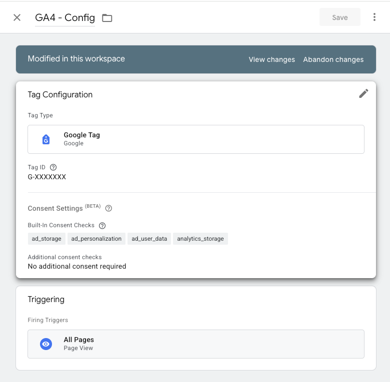 A GTM Google Tag named GA4 - Config showing the visible tag configuration and All Pages trigger, with no send_page_view setting visible in the collapsed tag view