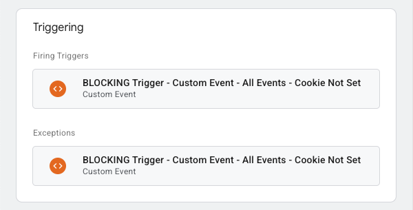 The same trigger listed as both a firing trigger and an exception in the GTM UI