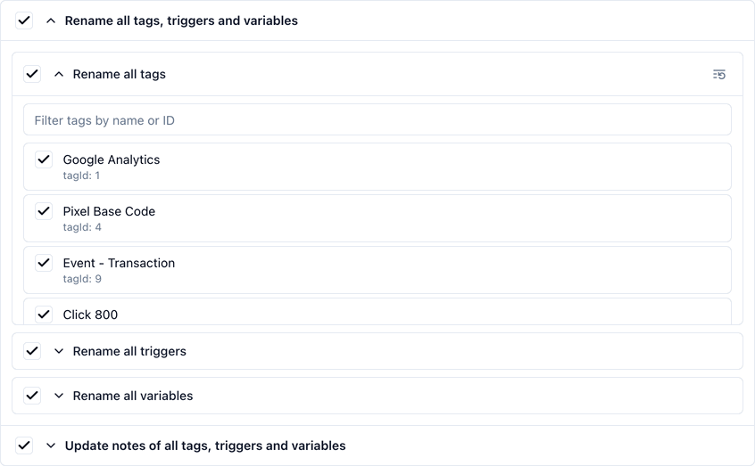 Animated demonstration of filtering the tag list by typing a query, narrowing hundreds of tags down to the matching ones