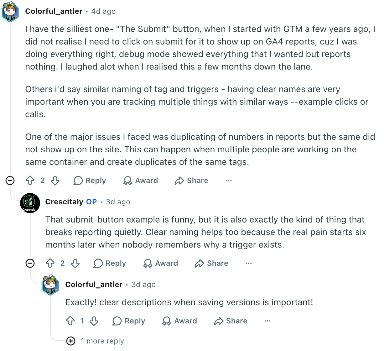 A Reddit comment explaining how similar naming and multiple people on the same container leads to duplicate tags and inflated reporting numbers