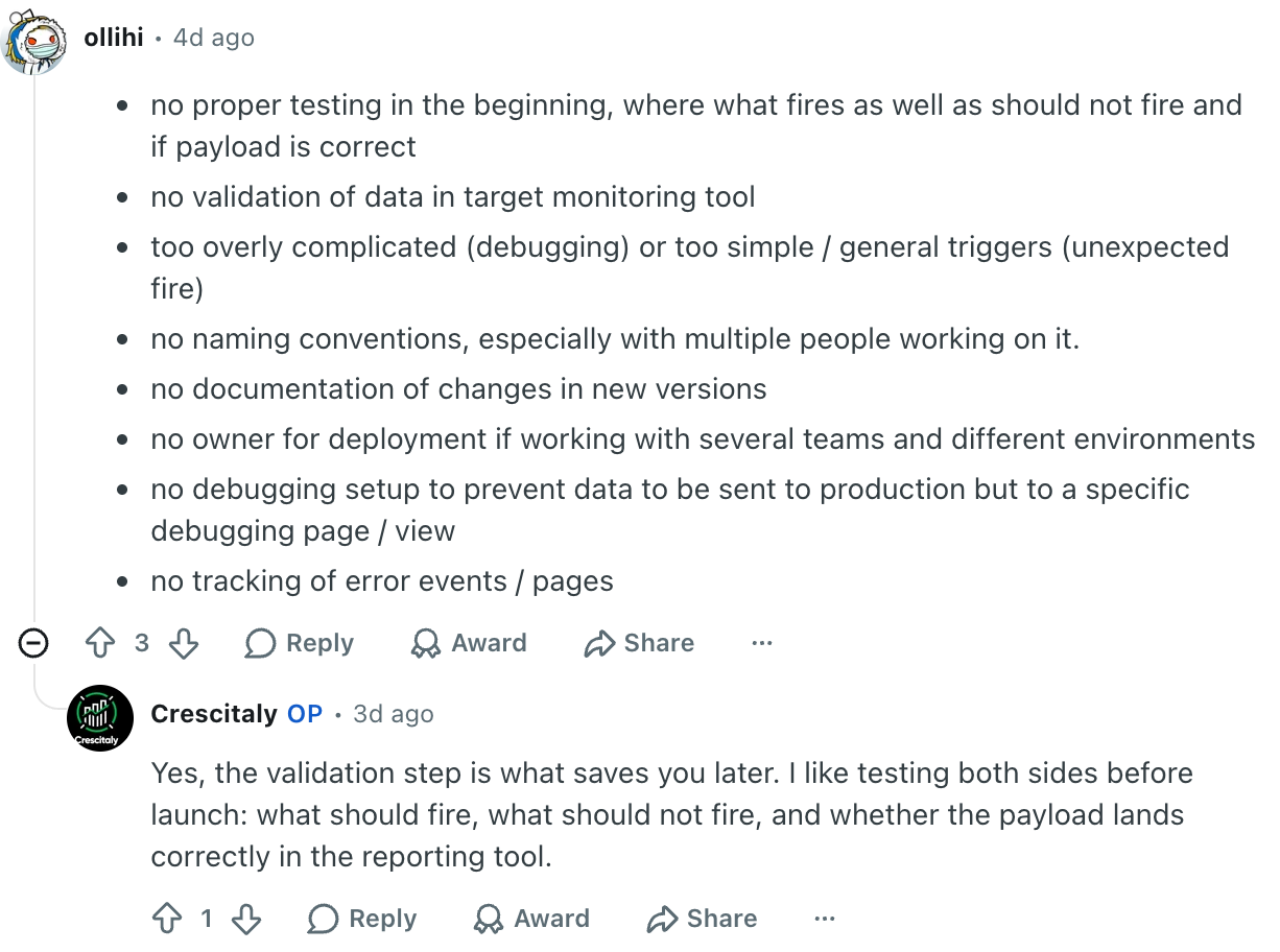 A top Reddit comment listing "no naming conventions, especially with multiple people working on it" among the most painful GTM mistakes