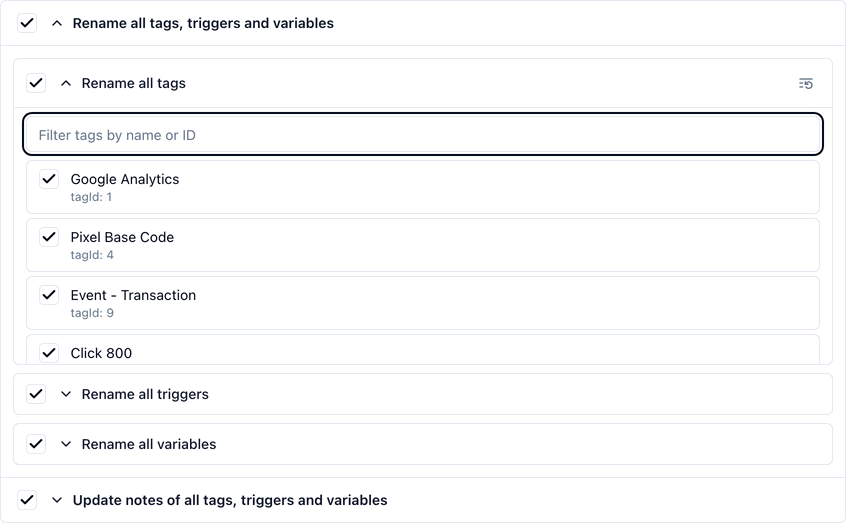 Animated demonstration of cycling the sort order of the tag list between name and ID, ascending and descending